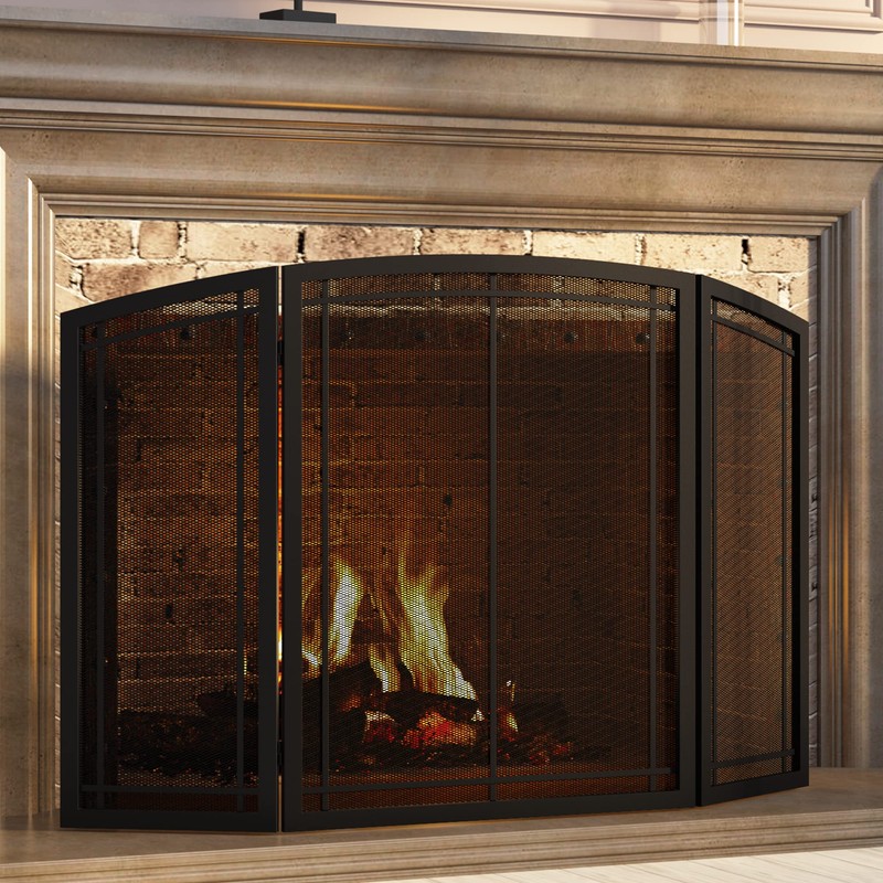 FireBeauty Fireplace Screen 3 Panel Wrought Iron Black Metal 48"(L)