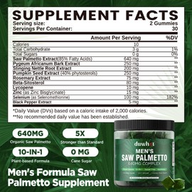 duwhot Saw Palmetto for Men Gummies, Organic Saw Palmetto for DHT Blocker & Prostate Health Supplement, with Pumpkin Seed,Pygeum,Nettle, Urinary & Hair Health Support, Sugar-Free,Vegen,60 Gummies