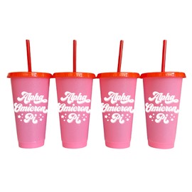 Sorority Shop Alpha Omicron Pi Glitter Color Changing Cups, 4-Pack Reusable Cups with Lids and Straws