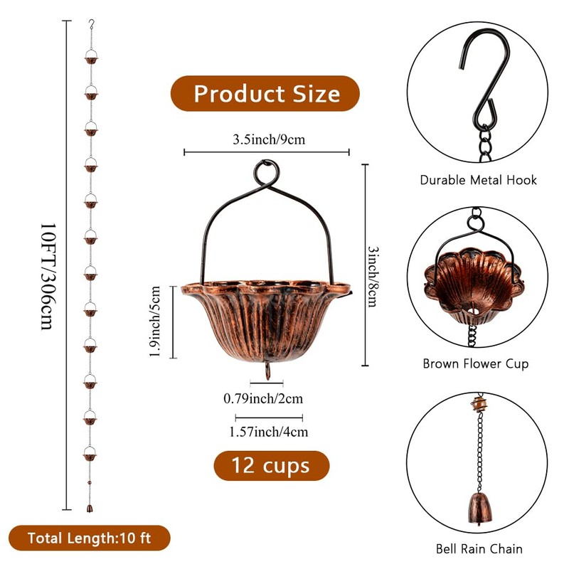 giole 10FT Rain Chain, Lotus Rain Chains for Gutters with