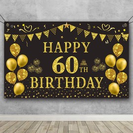Trgowaul 60th Birthday Backdrop Gold and Black 5.9 X 3.6 Fts Happy Birthday Party Decorations Banner for Women Men Photography Supplies Background Happy Birthday Decoration
