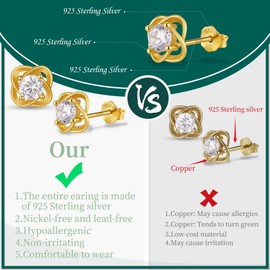 Gotumo 14K Gold Plated Sterling Silver Stud Earrings Four-leaf Clover Earrings Stud Jewelry for Women, Clear CZ, Metal, cubic zirconia