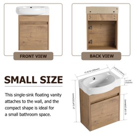 LKTART 16'' Floating Wall Mounted Bathroom Vanity with Round Single Oval Ceramic Sink Soft Close Doors for Small Bathroom Vanity (Oak)