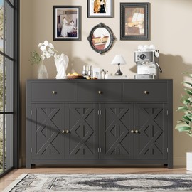 FOTOSOK Buffet Cabinet with Storage, Large Storage Cabinet with 3 Drawers and 4 Doors, Farmhouse Design with Adjustable Shelves, Wood Sideboard Cabinet Console Cabinet for Kitchen, Black