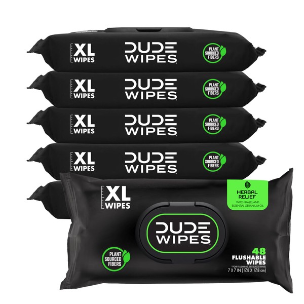 DUDE Wipes - Flushable Wipes - 6 Pack, 288 Wipes - Herbal Relief Extra-Large Wet Wipes - Witch Hazel & Geranium Essential Oils - Septic and Sewer Safe Butt Wipes For Adults