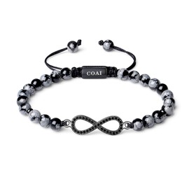 COAI Unisex Infinity Bracelet with Natural Gemstone Beads and Infinity Charm, Stone, Obsidian