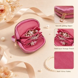 AiQInu Portagioie da Viaggio in Velluto Rosa, Astuccio con Cerniera per Donne, Custodia per Orecchini Bracciali Anelli, Organizer Multiuso per Cuffie Monete