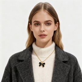 YUJIE Black Bow Necklace for Women Gold Plated Adjustable Chain Stylish Enamel Bow Pendant Fashion Jewelry
