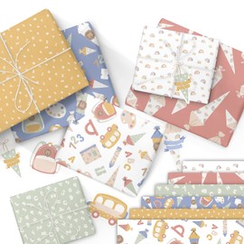 Papierdrachen 6 Sheets of Wrapping Paper for School Enrolment, 60 x 40 cm, Printed on Double-Sided, 6 Different Designs, High-Quality on 80 g/m² Paper, Pastel Gift Wrapping for Starting School, Set of
