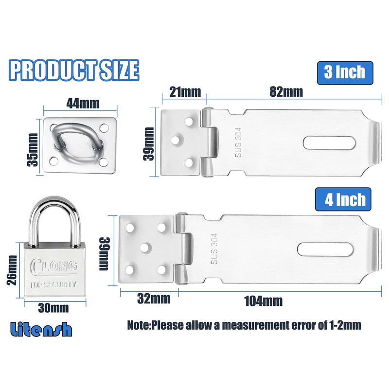 Litensh 4 Inch Stainless Steel Door Locks Hasp Latch with