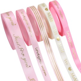 Mother’s Day Ribbon Set – 5 Rolls Satin Gift Ribbons with Gold Foil Letters – 5 Yards Each, 10mm & 16mm – Love You Mom, Just for You, We Mom – Gift Wrap, Crafting, DIY Decoration (5)