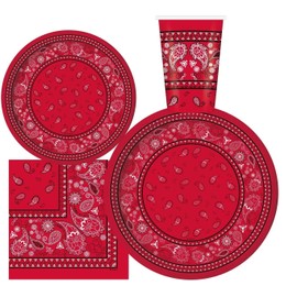 Oojami Serves 24 Complete Party Pack Red Bandana Western Party Supplies 9" Dinner Paper Plates 7" Dessert Paper Plates 12 oz Cups 3 Ply Napkins Red Bandana Western Birthday Party Supplies