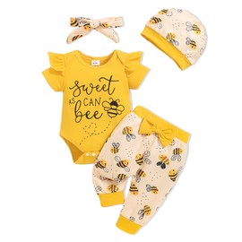 3-6 Months Baby Girl Clothes Infant Outfits Spring Newborn Ruffle Letter Printed Romper Short Sleeve Tops Long Honeybee Pants Headband Hat Floral Designs Clothing Yellow Bee