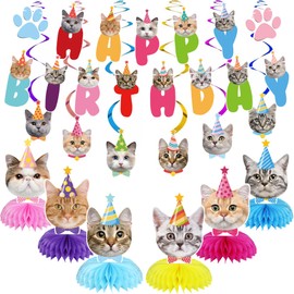 GOYOSWA Cat Birthday Party Supplies Cat Birthday Party Decorations, Cat Themed Birthday Party Supplies Includes 1 Birthday Banner, 6 Cat Honeycomb Centerpieces, 6 Hanging Swirls with 6 Cat Cutouts Decorations (Colorful Cat Style)