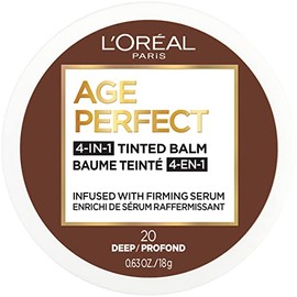 L'Oreal Paris Age Perfect Base de bálsamo facial teñido 4 en 1, fórmula de cobertura ligera a media antienvejecimiento con suero reafirmante, Deep 20,