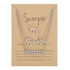 3Pcs 12 Constellation Zodiac Sign 3 Layered Choker Necklaces Letter Astrology Horoscope Old English with Message Wish Card for Women Jewelry-Silver Scorpio