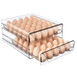 HIYOHIYO Clear 60 Egg Holder for Fridge, High Capacity Egg Container for Refrigerator with Time Scale, Stackable Egg Organizer Egg Dispenser for Refrigerator with Drawers (2 Layer, 11.6"x 10.2"x 5.1")