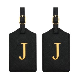 2 Pcs Initial Monogrammed PU Leather Embroidered Luggage Tags for Suitcases, Travel & Baggage Bags (J)