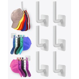 Sunfanie Hat Rack for Hat Storage (6-Pack), Multi-purpose Hat Organizer, Strong Adhesive Hat Hooks for Wall Hat Organizer for Baseball Caps, Two Mounting Options Hat Hook, White