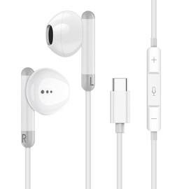 Auriculares con cable tipo C con micrófono, auriculares estéreo de graves pesados compatibles con iPhone, Android, blanco, control de volumen, paquete de 1