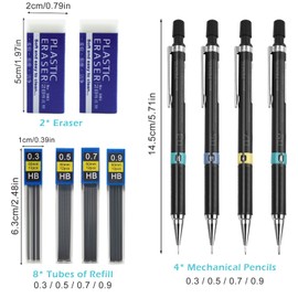 14 Piece Mechanical Pencil Set, 0.3/0.5/0.7/0.9 Mechanical Pencil Lead Pencils, Children's Lead Pencil, Metal Automatic Pencils with 8 Pencil Leads, HB 2 Eraser for Writing, Drawing