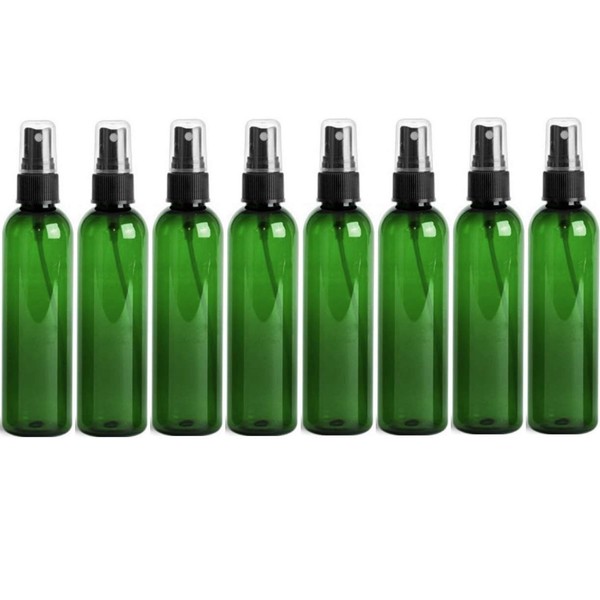 8 Ounce Cosmo Round Bottles, PET Plastic Empty Refillable BPA-Free, with Black Ribbed Fine Mist Pump Spray Caps (Pack of 8) (Green)