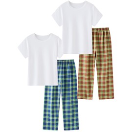 LOLPIP Boys Pyjamas 4-Piece Set Kids Clothing Stretch Ribbed Cotton Sleepwear White Top Checked Pants Sleepwear 3-11 Years, Checked red brown blue 4pcs