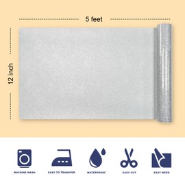 Silver Glitter HTV Heat Transfer Vinyl, 12" x 5ft lron on Vinyl, for T-Shirt Ironing, Vinyl HTV Easy to Cut and Weed, DIY Creativity for Eternal Love. (Silver, 5ft)
