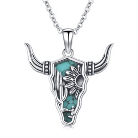 CHENGHONG Cow Necklace for Women 925 Sterling Silver Turquoise Cow Skull Necklace Western Cow Jewelry Gifts for Women Men