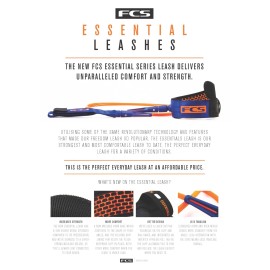 FCS Essential Surfboard Leash 8ft Cord 7mm Thickness Silicone Grip Black