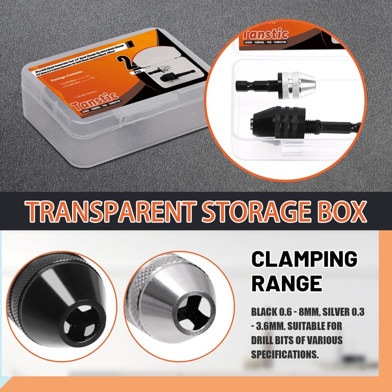 Tanstic 2Pcs Drill Chuck Adapter, 1/4 Inch Hex Shank Keyless