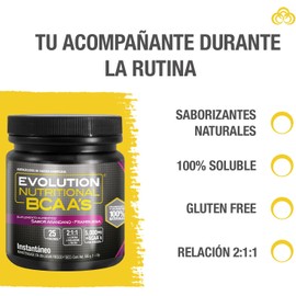 EVOLUTION, Aminoácidos BCAA, Suplemento Alimenticio, Leucina, Sin Gluten, Pre Workout, Post Workout, Sabor Arándano - Frambuesa, 25 Porciones, 500g