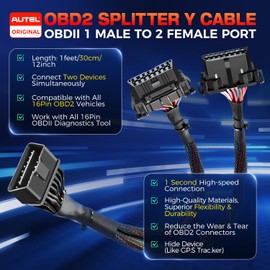 Autel Original OBD2 16 Pin OBDII Y Splitter Extension Adapter Cable, 16Pin 1x Male to 2X Female Extension Y Connector, Fits for All Standard OBD II Scanners (1FT/30CM)