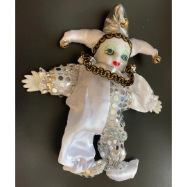Mardi Gras World Porcelain Baby Clown Doll Mardi Gras White and Silver New Orleans