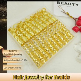 BSARECEY 120Pcs Gold Hair Jewelry for Braids Dreadlock Hair Cuffs Adjustable Braid Rings Loc Decorations Hair Charms for Women Accessories