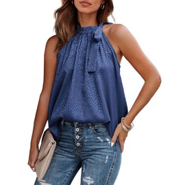 BTFBM Women Sleeveless Tie Mock Neck Summer Tops Loose Casual Side Bow Satin Halter Tank Top Blouse Shirts(Navy, Large)