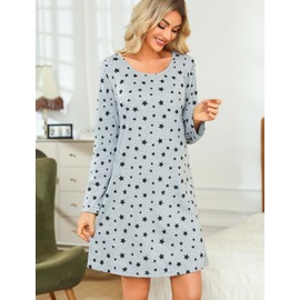 ENJOYNIGHT Women's Long-Sleeved Cotton Sleep Shirt, Print Sleepshirt, Sleepwear, Nightdress, Grey Star