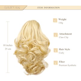 Gairyan 10" Clip in Ponytail Hair Extensions Curly Ponytail Extension Claw on Pony tails Wavy Synthetic Hairpieces for Women Real Natural Short Wave, Light Blonde mix Bleach Blonde