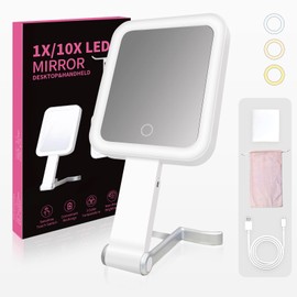gogofree Makeup Travel Mirror with Light, 10X/1X Double-Sided Magnifying Mirror, Rechargeable Portable Vanity Mirror, Brightness Adjustable, 3-Color Lighting, Tabletop, Handheld & Hanging Options