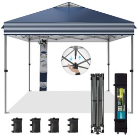 GREEN PARTY 10x10 ft Pop Up Canopy Tent, 1-Person Setup Instant Outdoor Canopy with Vented Top, Wheeled Carry Bag, 4 Ropes & 4 Sandbag -Blue & White Stripes