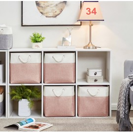 Mangata Fabric Storage Boxes, 25x25x25cm Cube Storage Boxes for Organizing Clothes Shelf Nursery Home Closet(Pink/White, Set of 3)