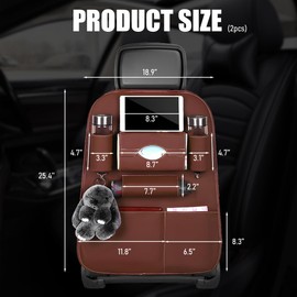 ZNDAW 2PCS Car Seatback Organizer, Waterproof Leather Seat Back Storage with Cup Holder Tissue Holder Multiple Pockets, Back Seat Protector Kick Mats for Kids, Travel Accessories (Coffee)