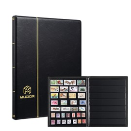 MUDOR Stamp Collecting Album, 7 Rows Pockets Stamp Book for Collectors, 10 Sheets Stamp Stockbook, Black (Black-7 Row)