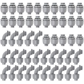 Feotech 50 Pack 1/2 Inch Liquid Tight Connectors - PVC Electrical Conduit Fittings, Straight, 90 and 180 Degree Non-Metallic Flexible Connectors for Home, Bathroom, and Kitchen, Gray