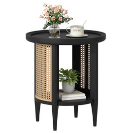 Yusong Round End Table Rattan Side Table with Solid Wood Legs, Boho Style Nightstand Bedside Table with 2-Tier Shelves, Small Coffee Table for Living Room Bedroom Small Spaces Black
