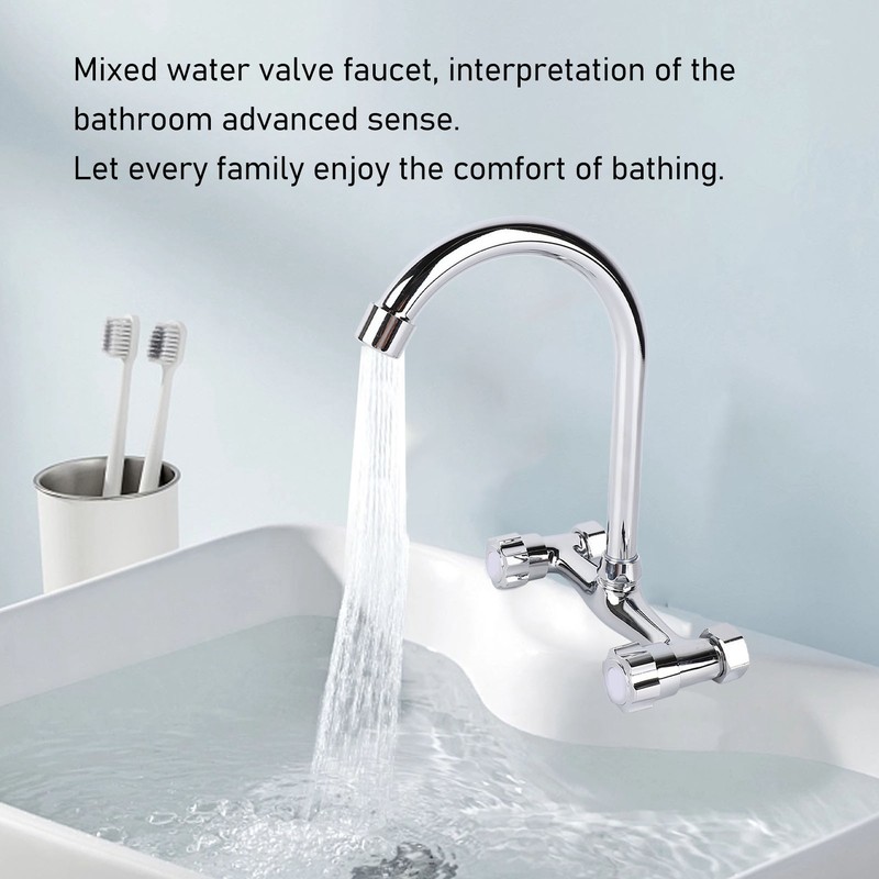Wall Mount Kitchen Stainless Steel Smooth Surface 2 Handles Faucet