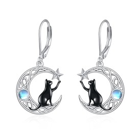 VONALA Moon Earrings 925 Sterling Silver Celtic Knot Moon Cat/Mushroom Dangle Drop Moonstone Earrings Animal Jewellery Birthday Gifts for Women Mother Wife Girls, Sterling Silver, Moonstone
