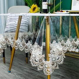 Jeloris Plastic Clear Rectangle Tablecloth Vinyl PVC Waterproof Tablecloth Embroidered Lace Edge Transparent Table Cover for Kitchen Dining Coffee Table (43x62 inch, Khaki Fan)