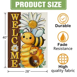 Dyrenson Welcome Spring Summer Bumble Bee 28 x 40 House Flag Double Sided, Daisy Flower Honeycomb Garden Yard Decorations, Farmhouse Honey Floral Burlap Outdoor Decor Decorative Large Flag