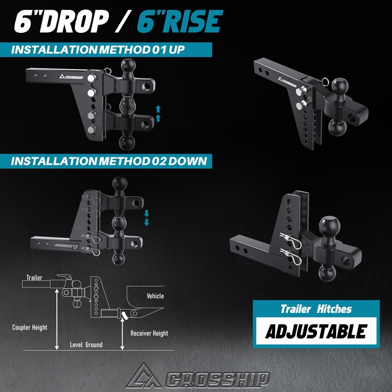 CROSSHIP Adjustable Trailer Hitch - Fits 2'' Receiver, 6'' Drop/Rise